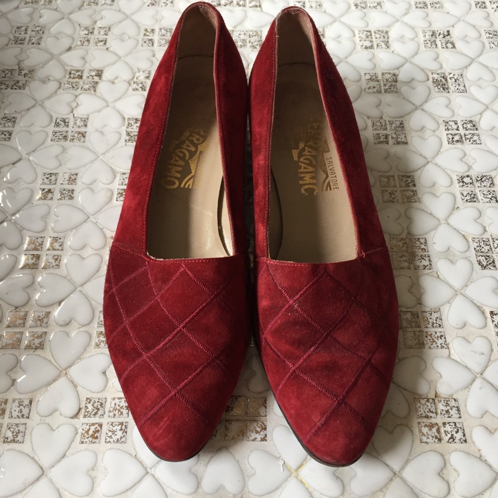 Vintage Ferragamo Red Suede Slippers Flats 7