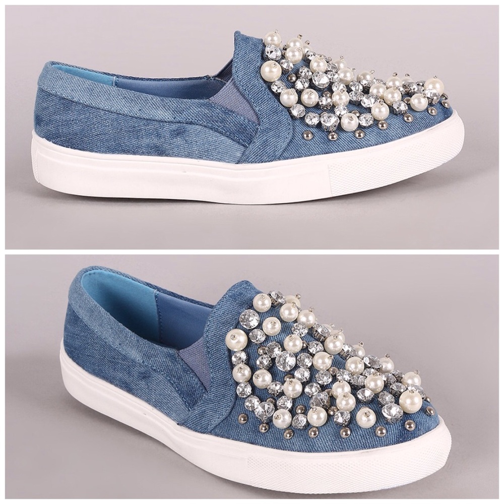 FLASH SALE! Glam Denim & Pearls Slip on Sneakers - Picture 4 of 6