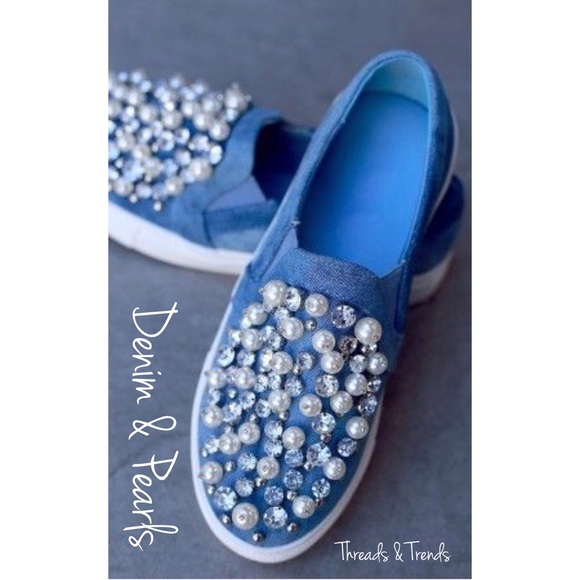 FLASH SALE! Glam Denim & Pearls Slip on Sneakers - Picture 2 of 6