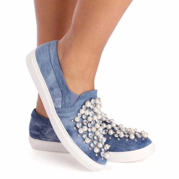 FLASH SALE! Glam Denim & Pearls Slip on Sneakers - Picture 3 of 6