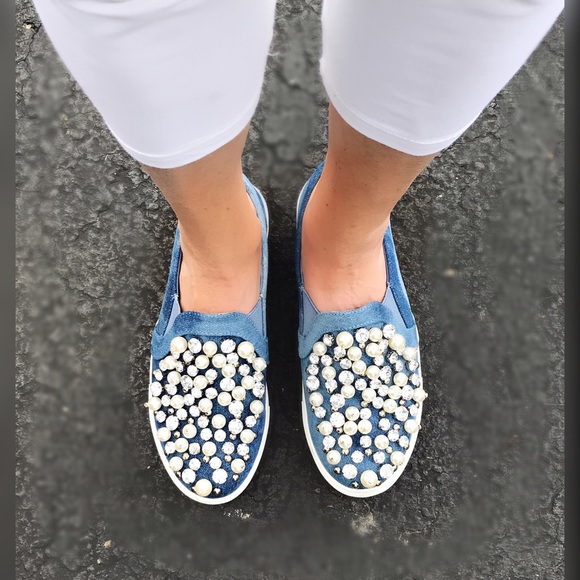 FLASH SALE! Glam Denim & Pearls Slip on Sneakers - Picture 5 of 6
