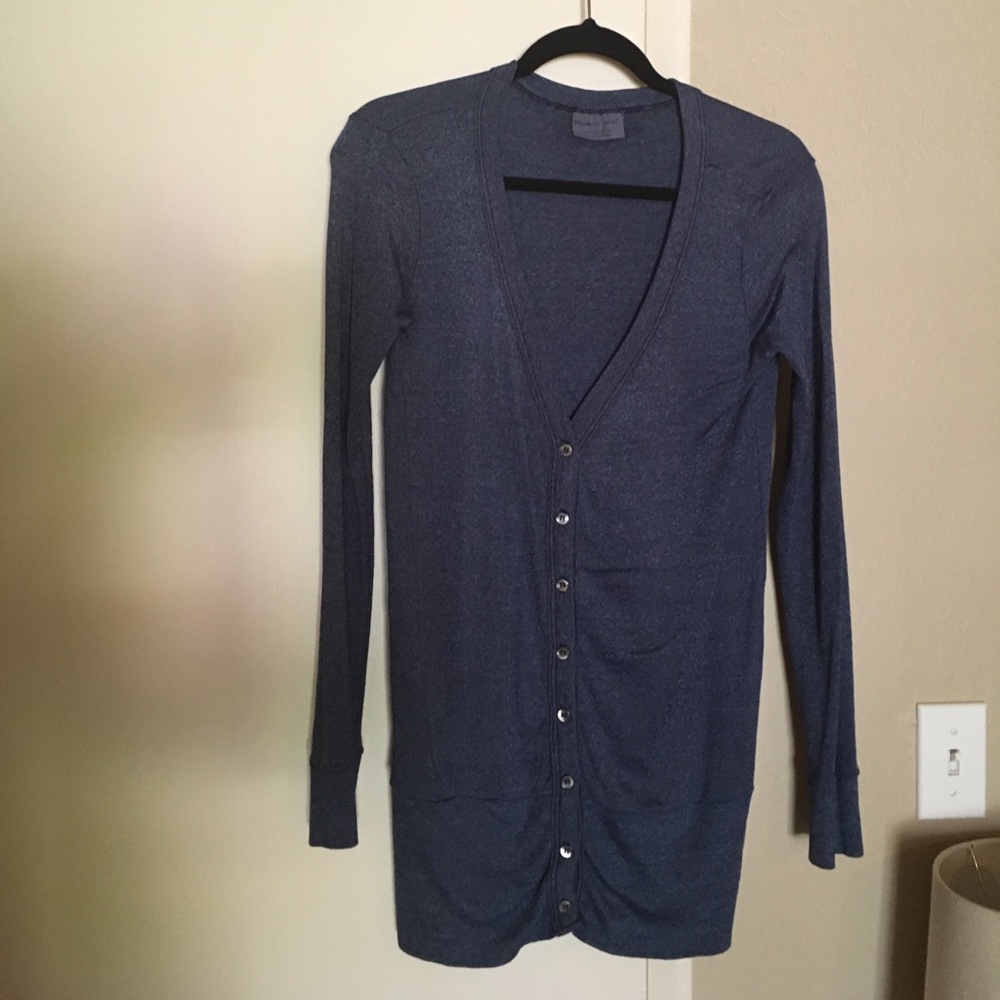 Tunic length blue cardigan