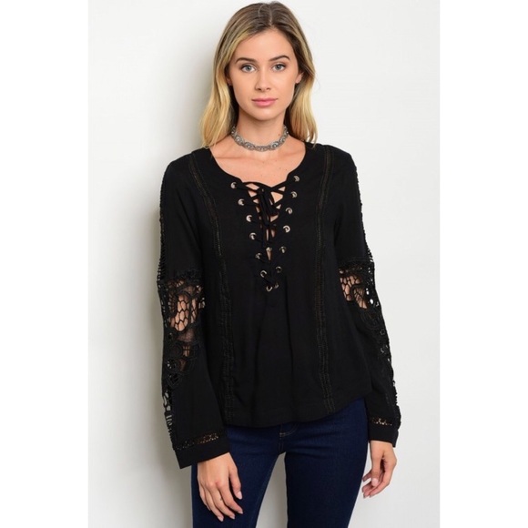 LAST! Black Crochet Lace Up Top - Picture 2 of 3