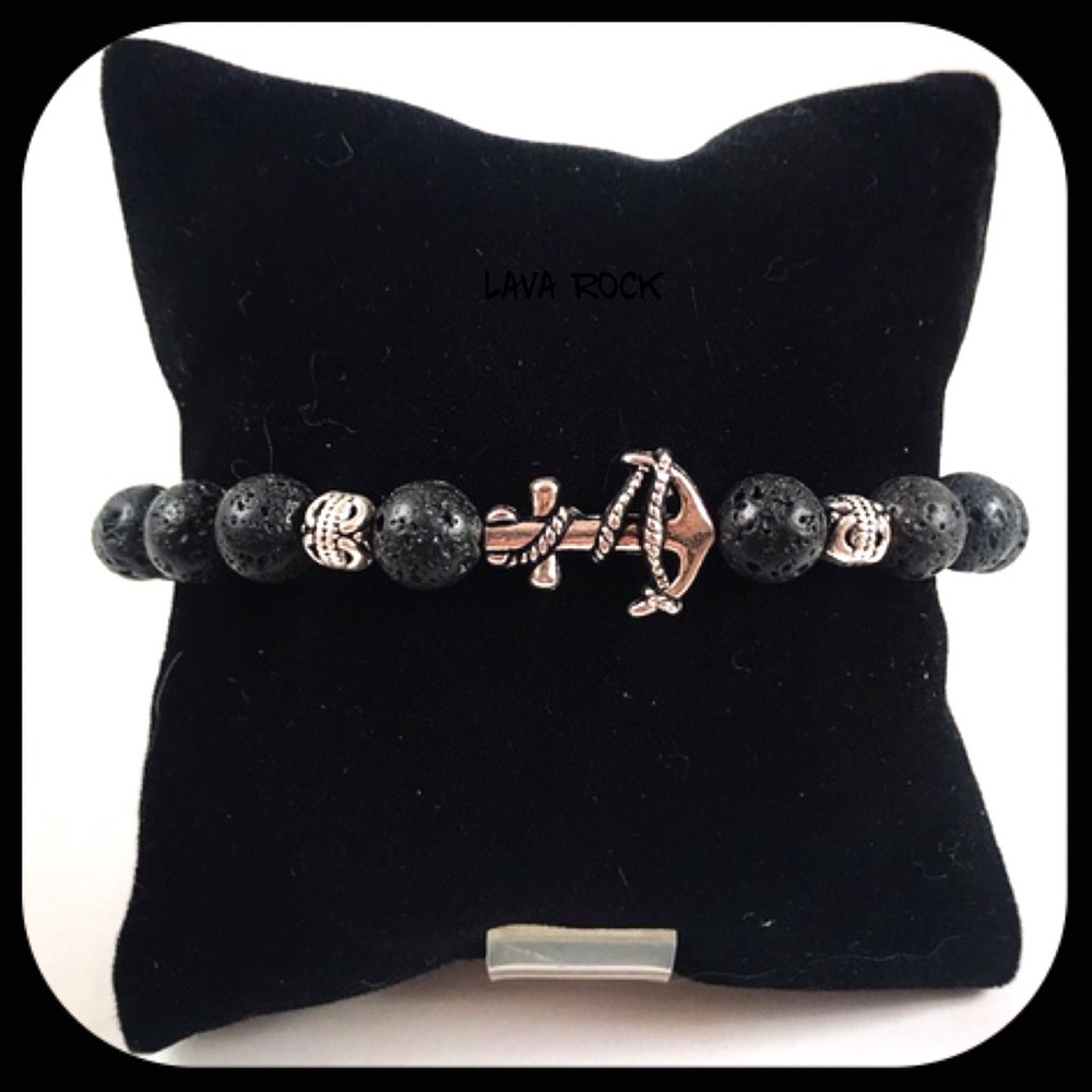 Men or women lava rock silver anchor bead bracelet