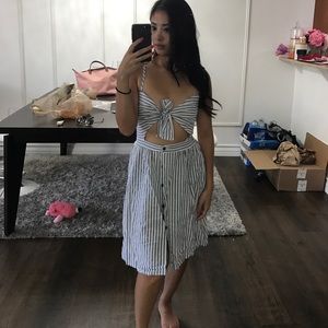 Blue striped dress tie bow front