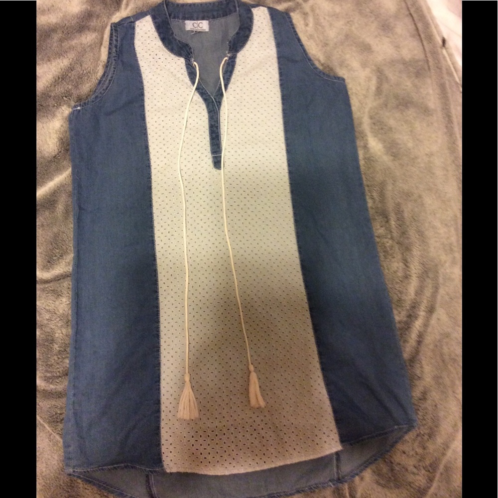 Denim shift dress w/ embellishment and tassels