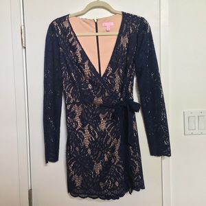 Lilly Pulitzer Tiki Wrap Romper navy lace Small