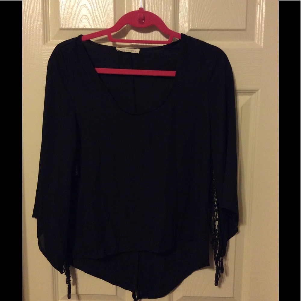Black sheer top with tassel sleeves