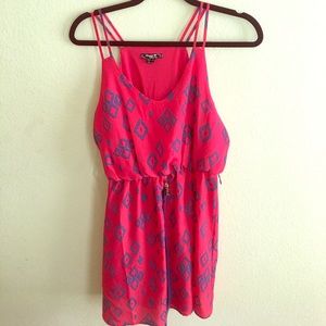 Red Dress with Navy Blue Pattern and Belt