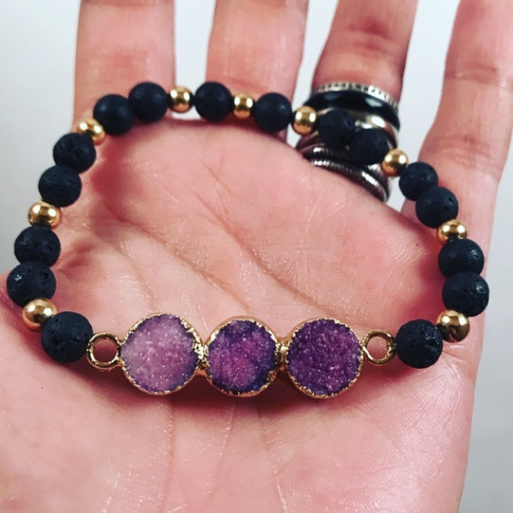 SALE ! pink purple druzy quartz lava rock bracelet - Picture 4 of 8
