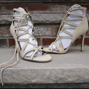 Shoe Republic LA Lace-Up Faux Suede Nude Heels