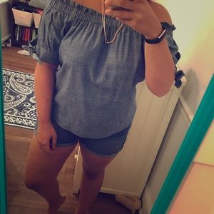 Off the shoulder J. Crew chambray shirt