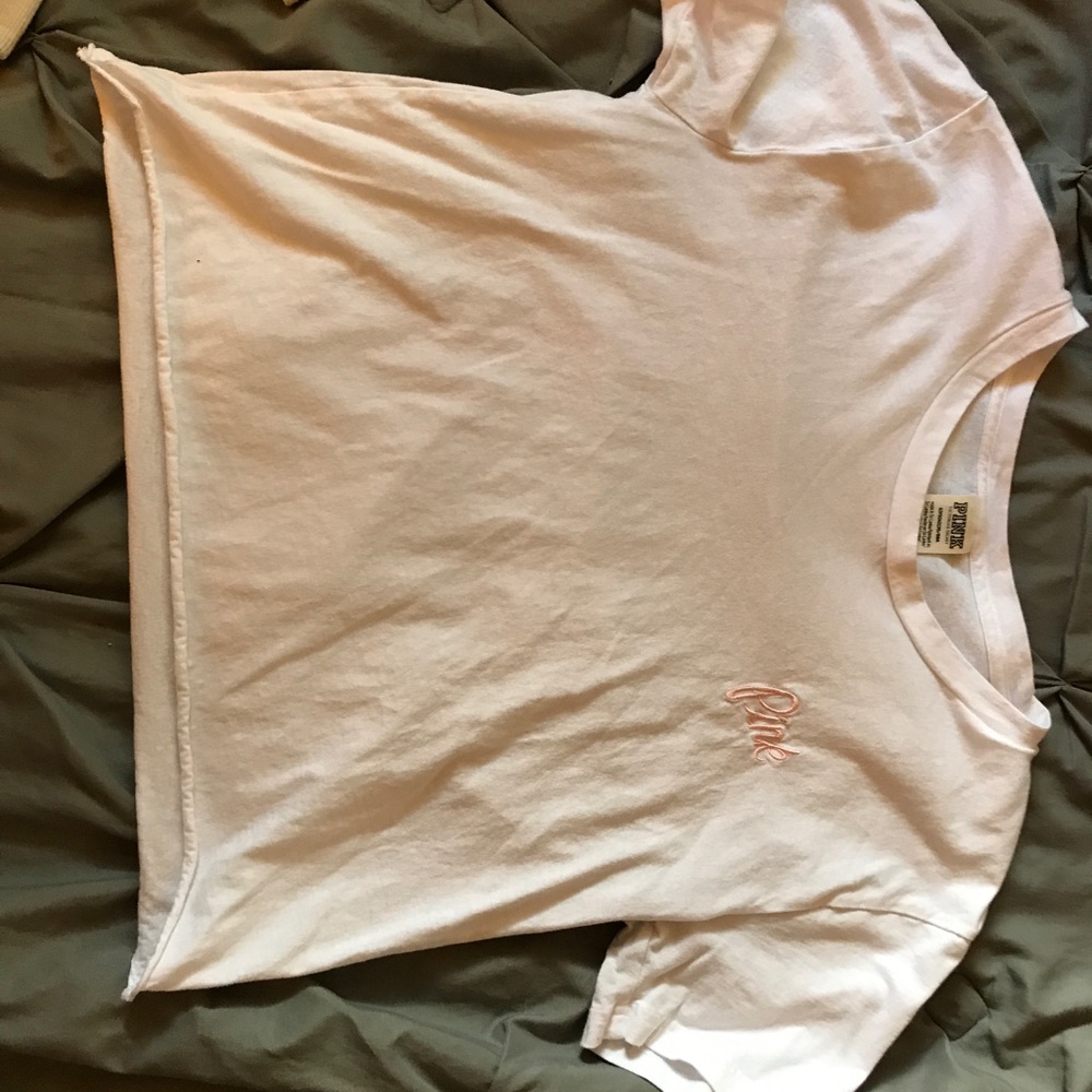 white embroidered VS Pink crop top