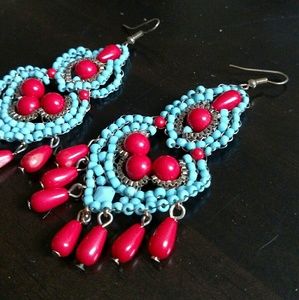 Long beaded blue and red earrings