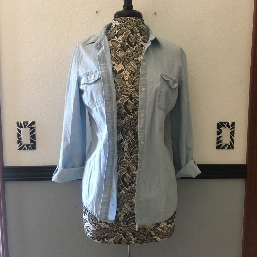 Light blue, demon looking, button up, long sleeve