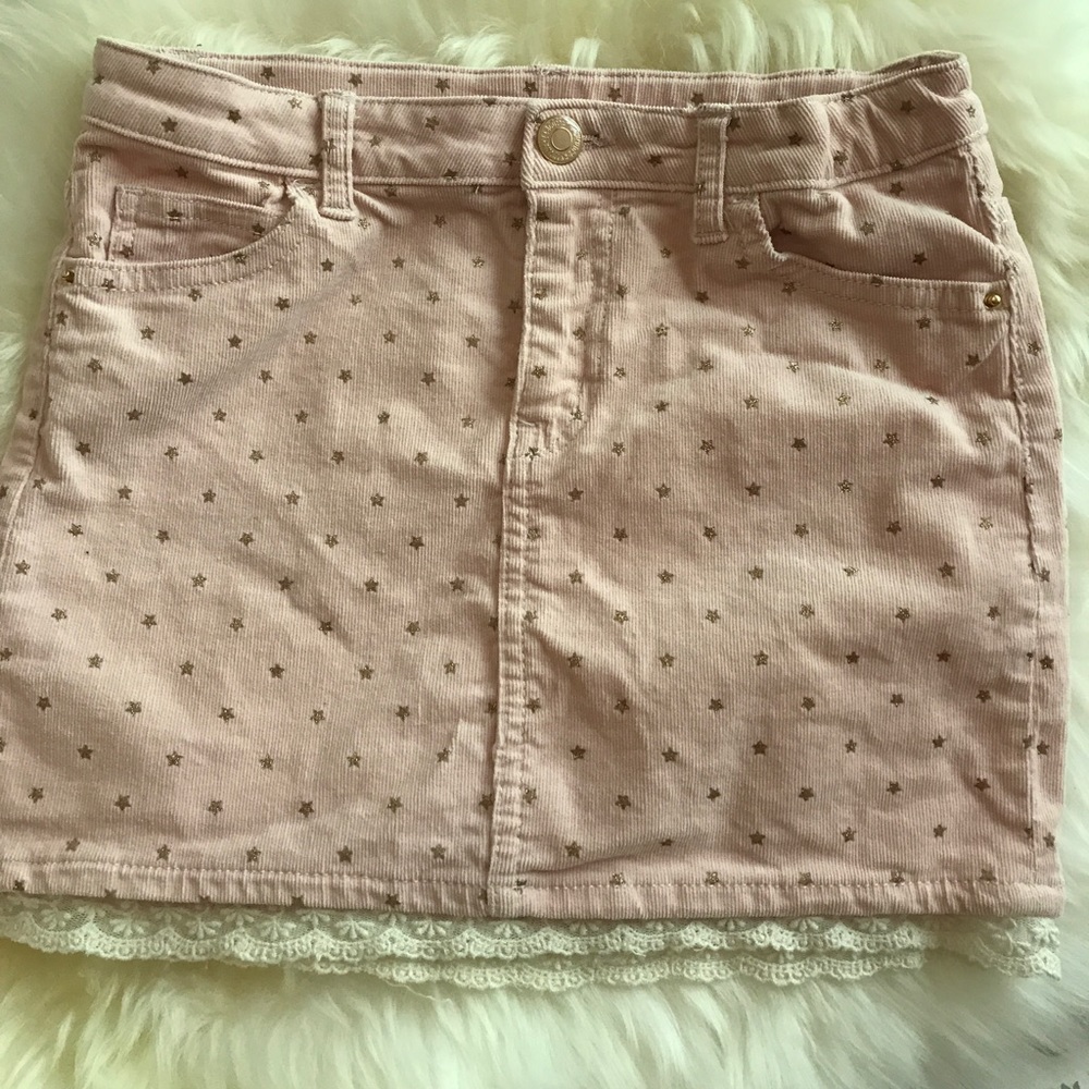 Girls H&M pink with gold stars and lace trim skirt