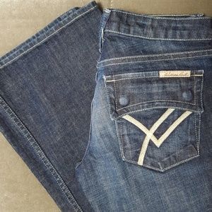 Darker wash, distressed flare jeans