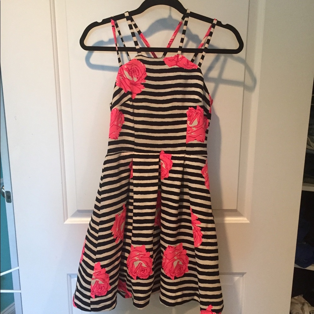 Navy and off white floral striped dress