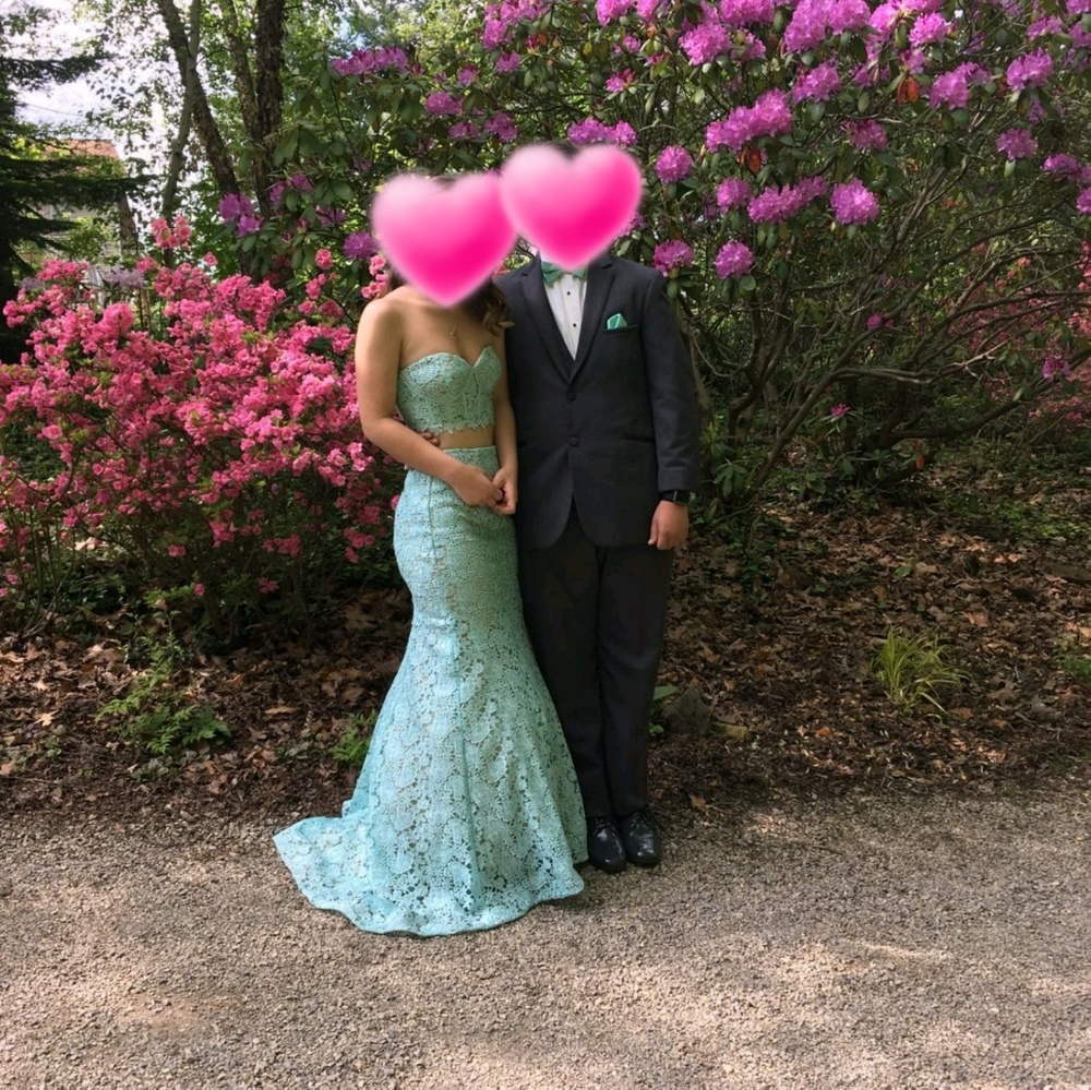 Blue sequined and lace prom dress