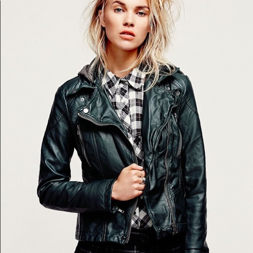 Free People Vegan Leather Hooded Biker Jacket