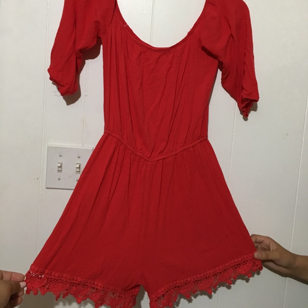 Cute Red Romper with Bottom Lace Trim