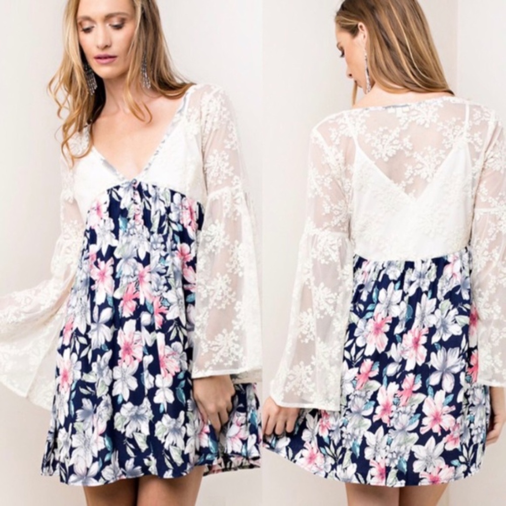 Off White Lace with Bell Sleeves and Dark Blue