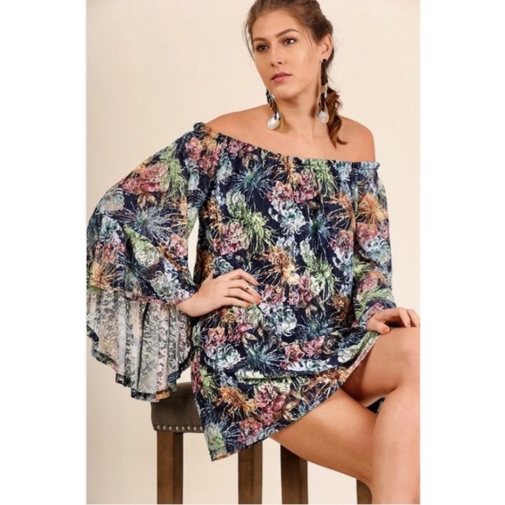 Navy Floral Abstract Print Off Shoulder Dress - Picture 3 of 4