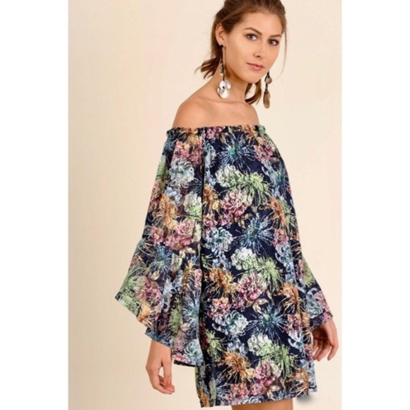 Navy Floral Abstract Print Off Shoulder Dress - Picture 2 of 4