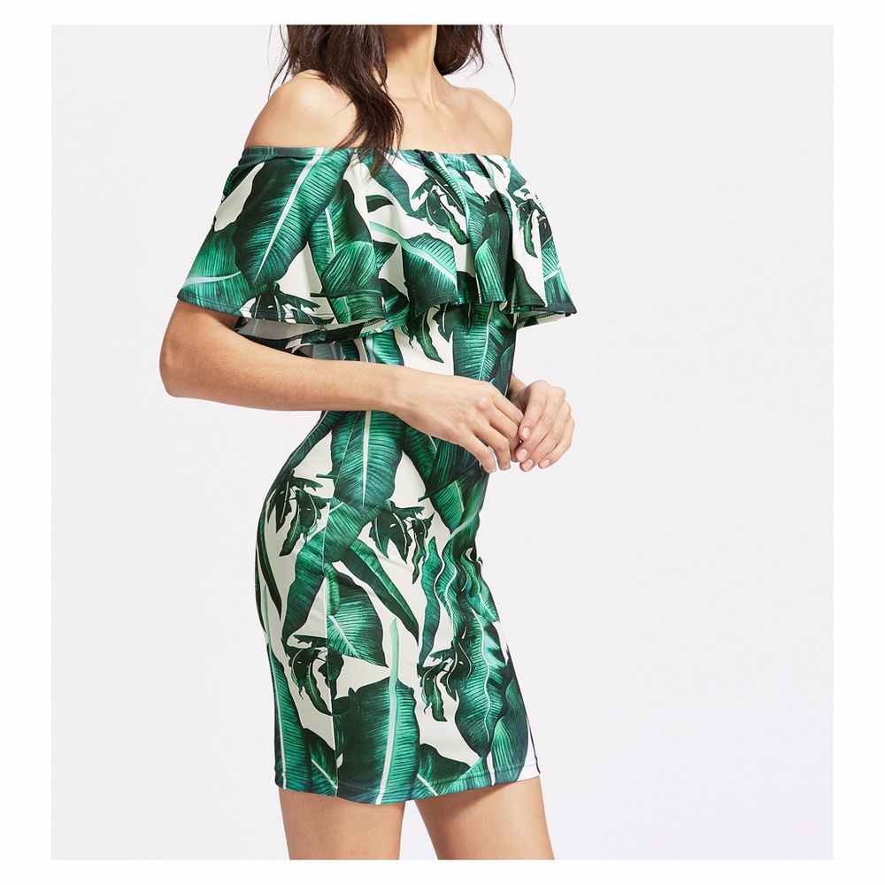 White Green Tropical Print Off the Shoulder Dress - Picture 2 of 5