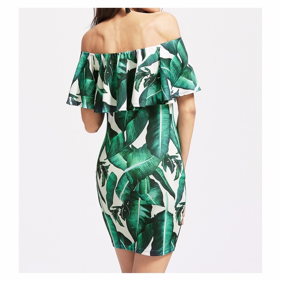 White Green Tropical Print Off the Shoulder Dress - Picture 4 of 5