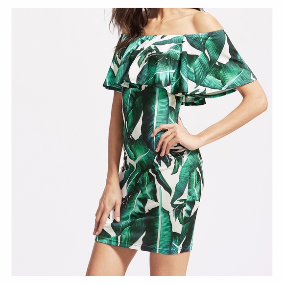 White Green Tropical Print Off the Shoulder Dress - Picture 3 of 5
