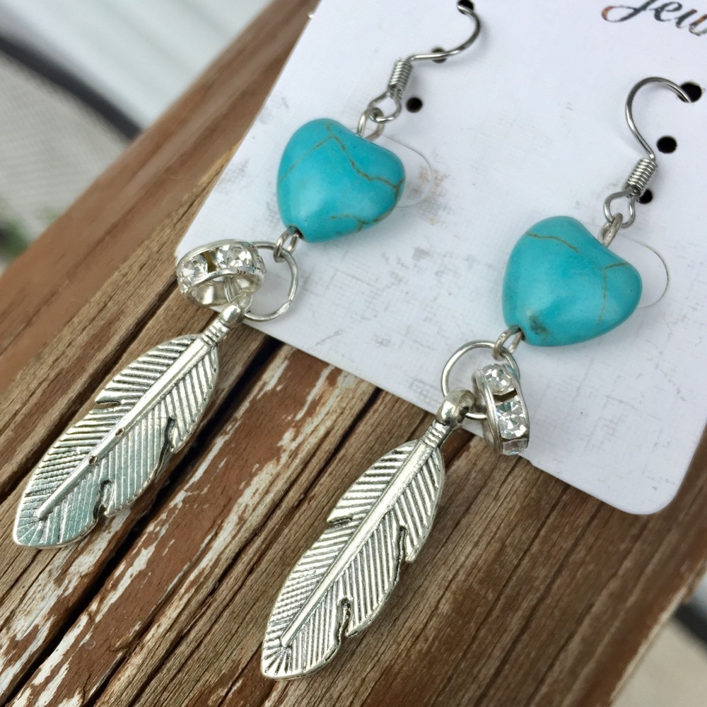BOGO Turquoise Heart Silver Leaf Dangle Earrings