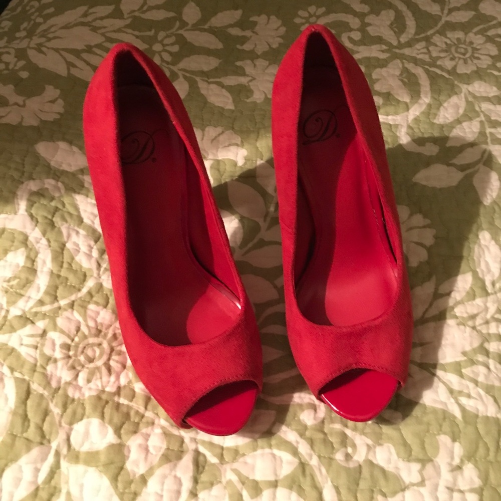 Red Suede Peep Toe Pumps