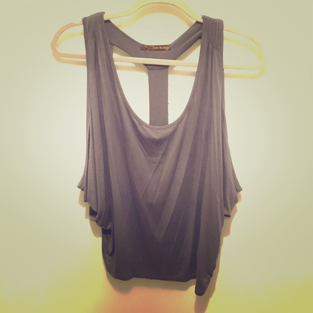 Grey Shirt: cut out back and sequin detail