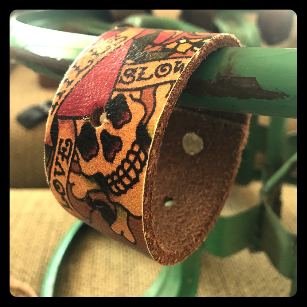 Up cycled belts into bracelets, Ed Hardy