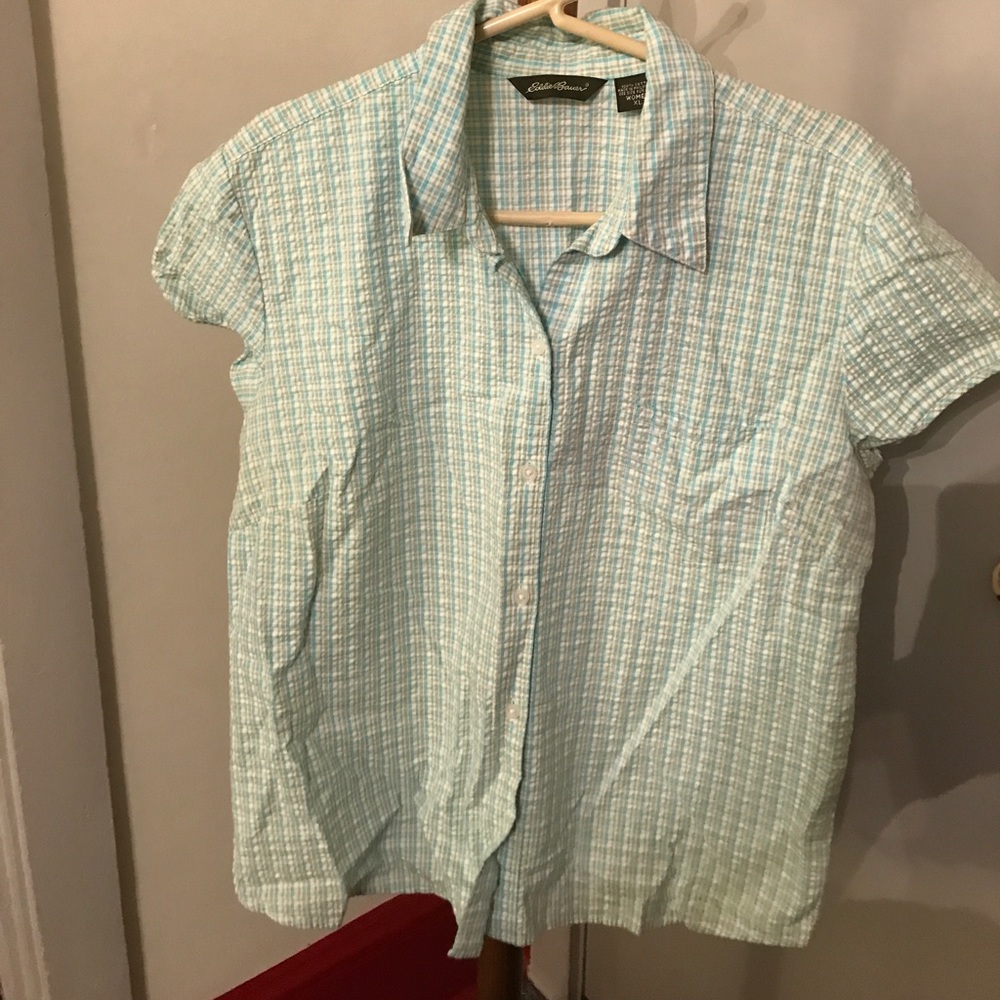 Teal/Aqua plaid cap sleeve button down