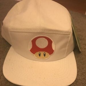 White skater 5 panel hat with super Mario patch