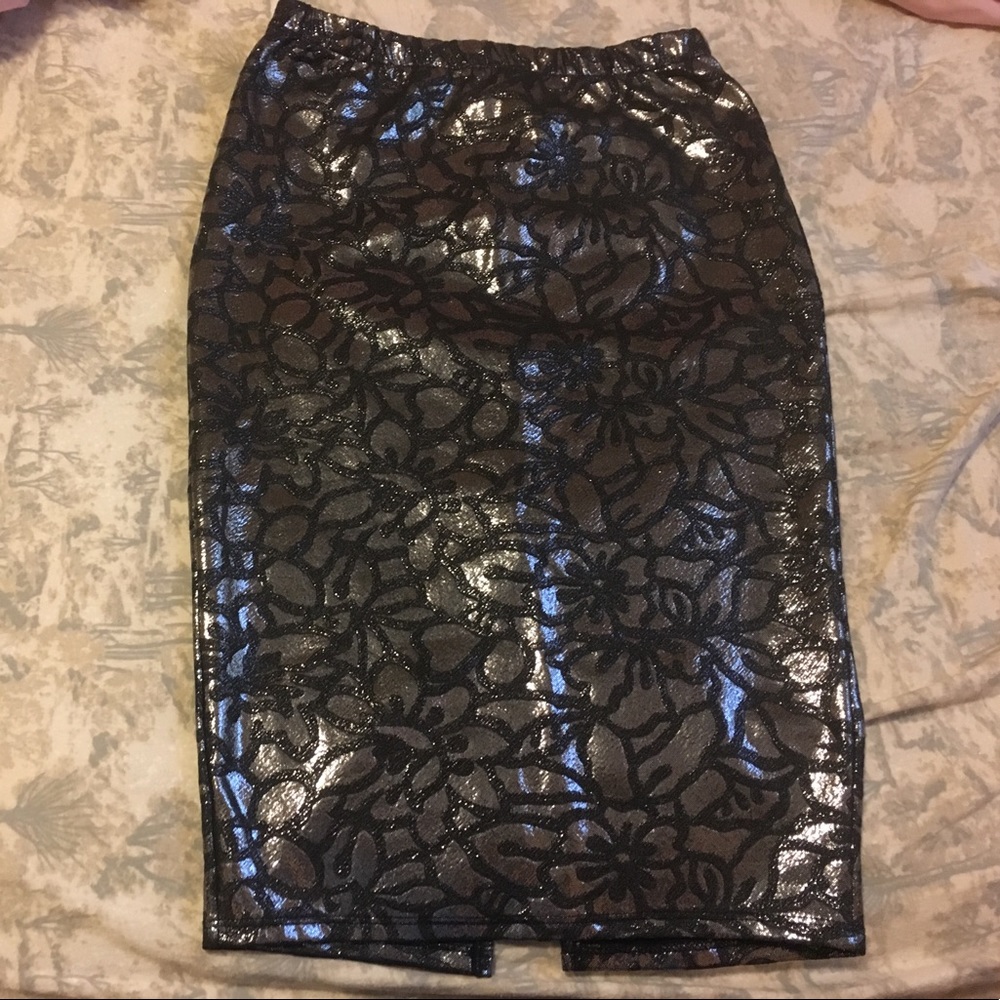 Silver pencil skirt with black floral designs
