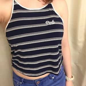 PINK Cropped Tank Top Navy White Stripes