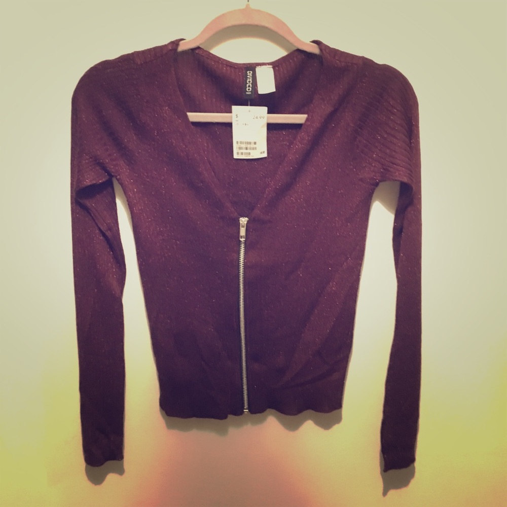 H&M ribbed, zip up, maroon, shimmer sweater