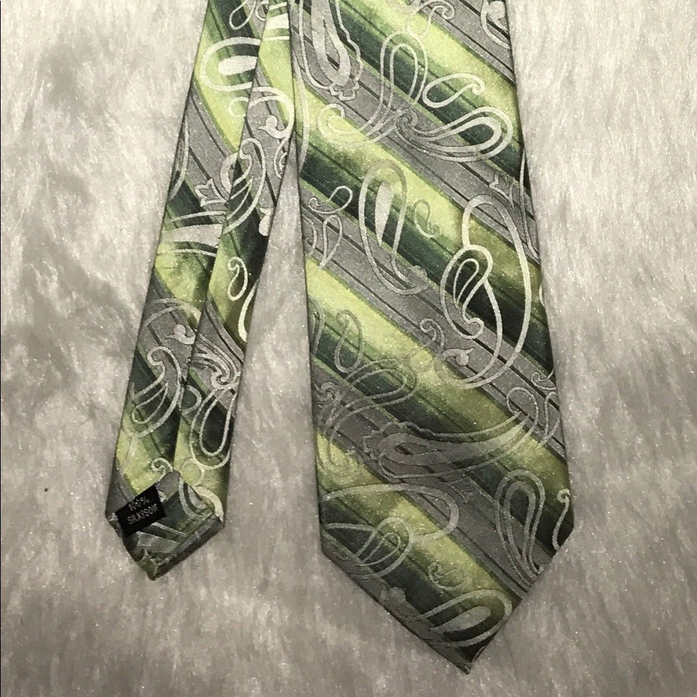 100% Silk Bachrach Paisley Green and Silver Tie
