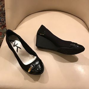 Patent leather and fabric wedges