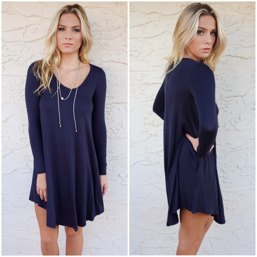 Navy Long Sleeve Swing Dress