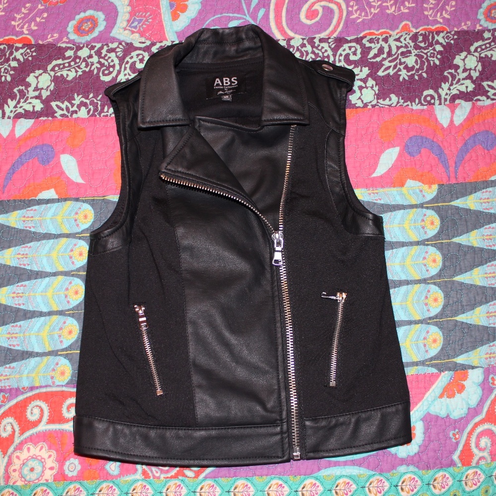 Black Faux Leather and Fabric Vest