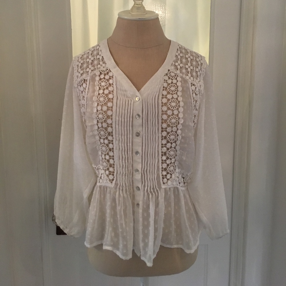 Anthropologie white Lace peasant button-down