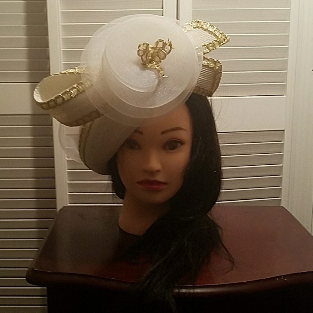 Chic White  Hat with Bow and Gold Trim