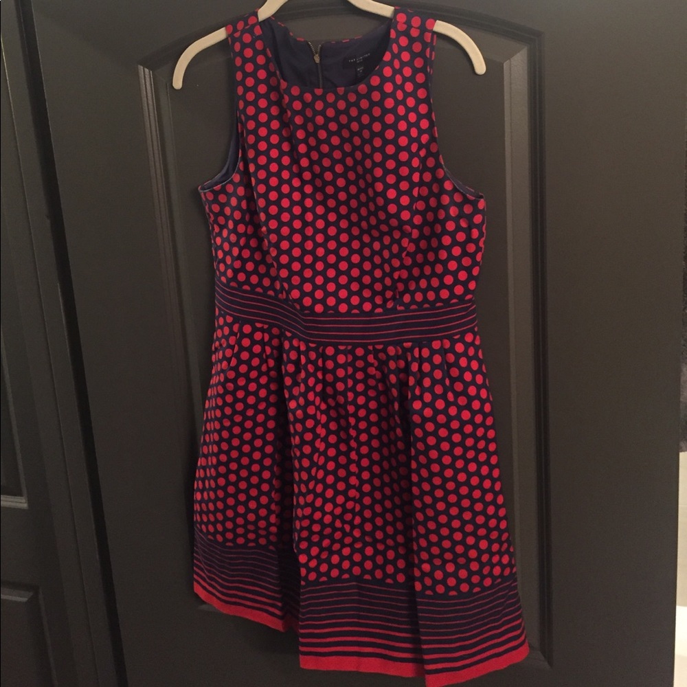 Blue dress with red polka dots