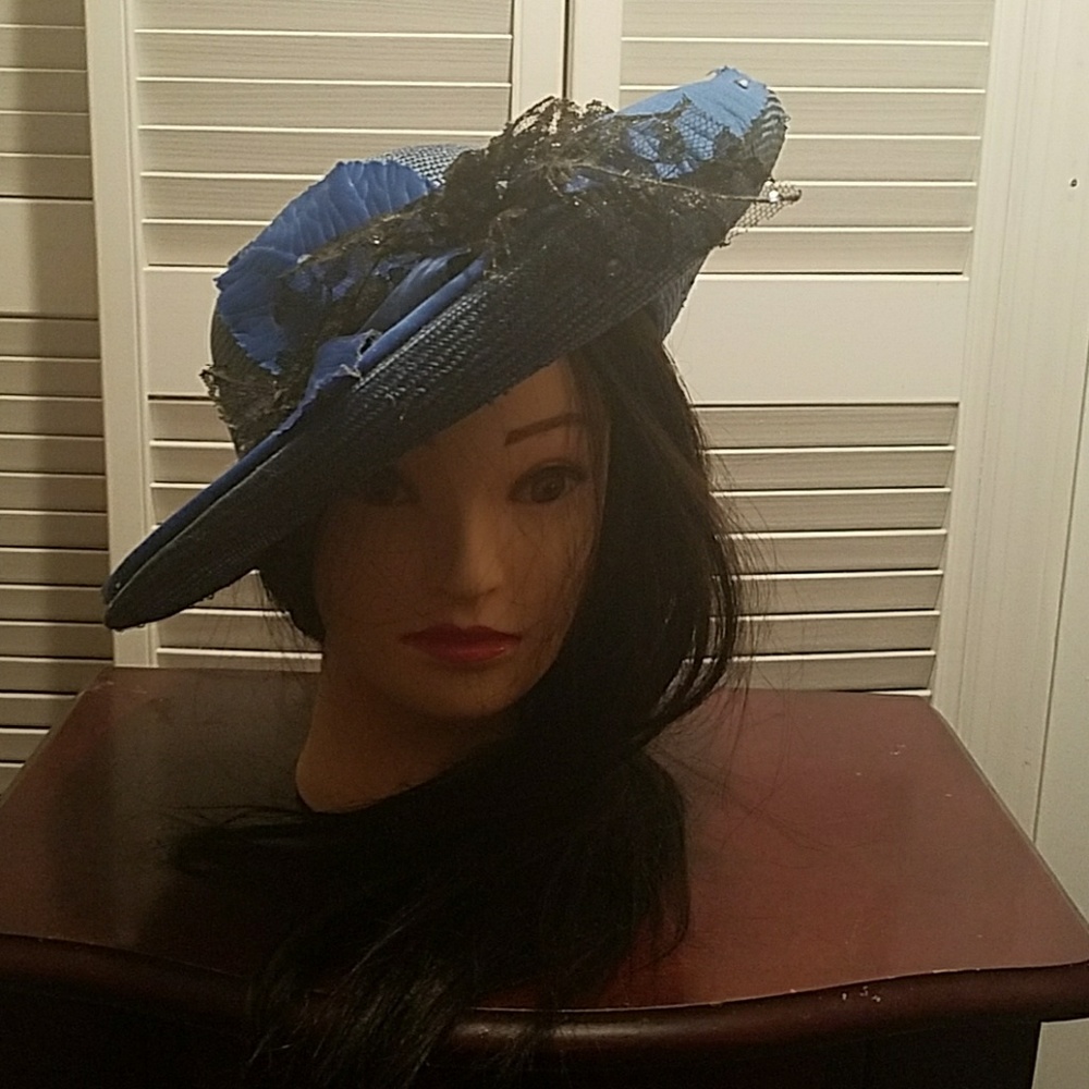 Classic Blue Hat with Black lace Trim