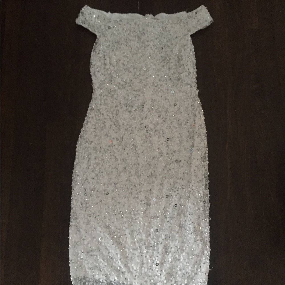 Off-the-shoulder glitzy sequin white dress!