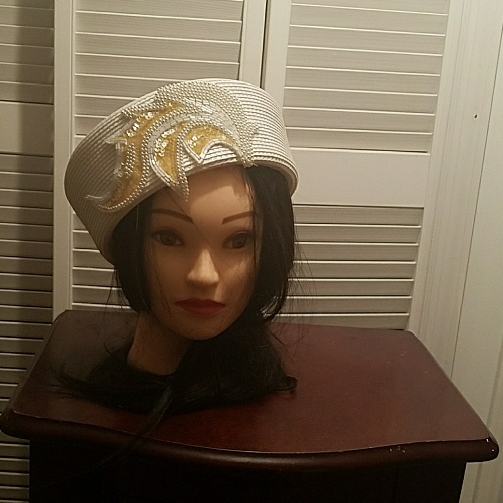 Elegant White Hat with Gold and White